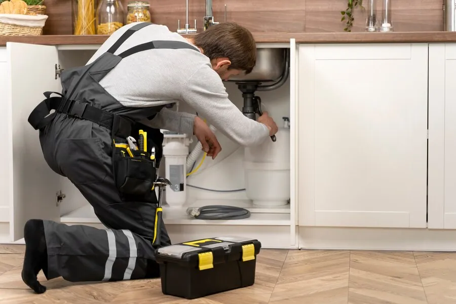 Plumber clearing a clogged kitchen sink drain