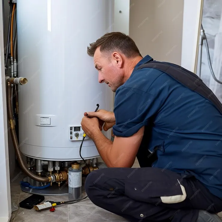 Plumber servicing a residential water heater